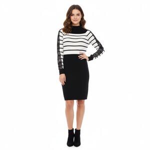 The Limited Womens Small Black White Striped Sweater Dress Lace Detail Hem